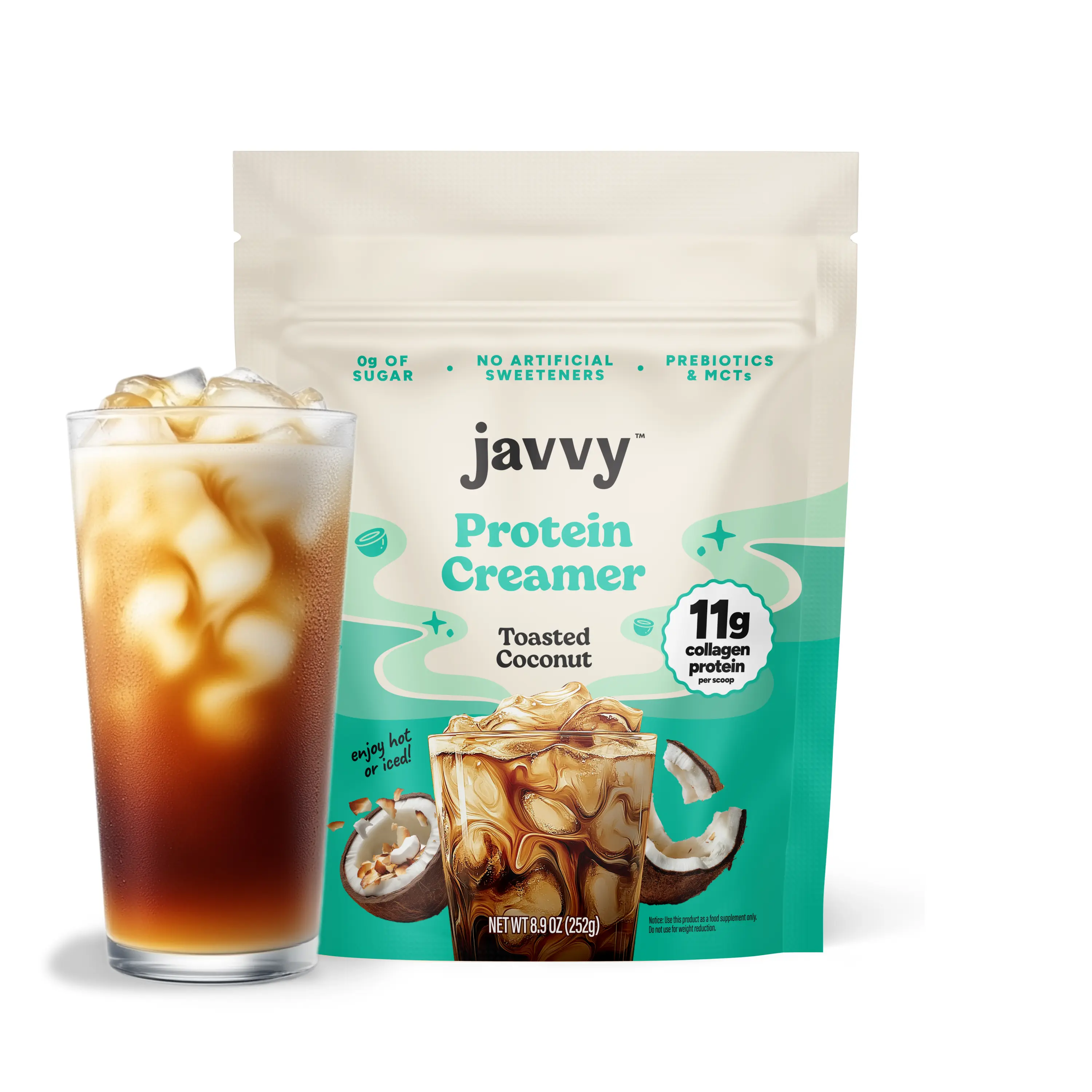 Javvy Toasted Coconut Protein Coffee Creamer - Grass Fed Pasture Raised Collagen - Hair, Skin & Nail Support, Energy-Boosting MCTs, Keto Friendly, Lactose Free & Gluten Free, No Added Sugar, 11g of Protein