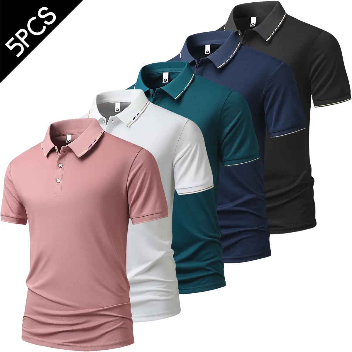 5PCS, men's casual solid-color turn-down collar short-sleeve polo shirts, business style, perfect for summer wear