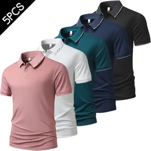 5PCS, men's casual solid-color turn-down collar short-sleeve polo shirts, business style, perfect for summer wear