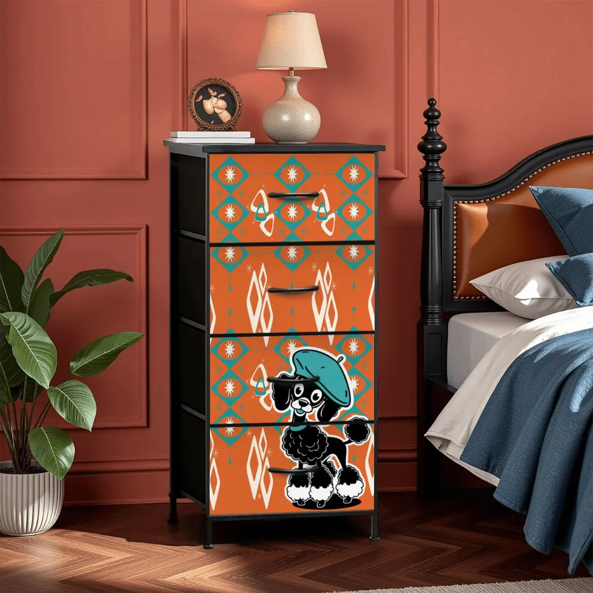 Atomic Orange Starburst Diamonds, Teal Mid Century Modern Kitschy Mod Poodle 4-Drawer Dresser