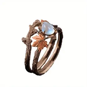 Vintage Style Maple Leaf Shaped Inlaid Moonstone One Size Fits All Party Gift Jewelry Ring purity