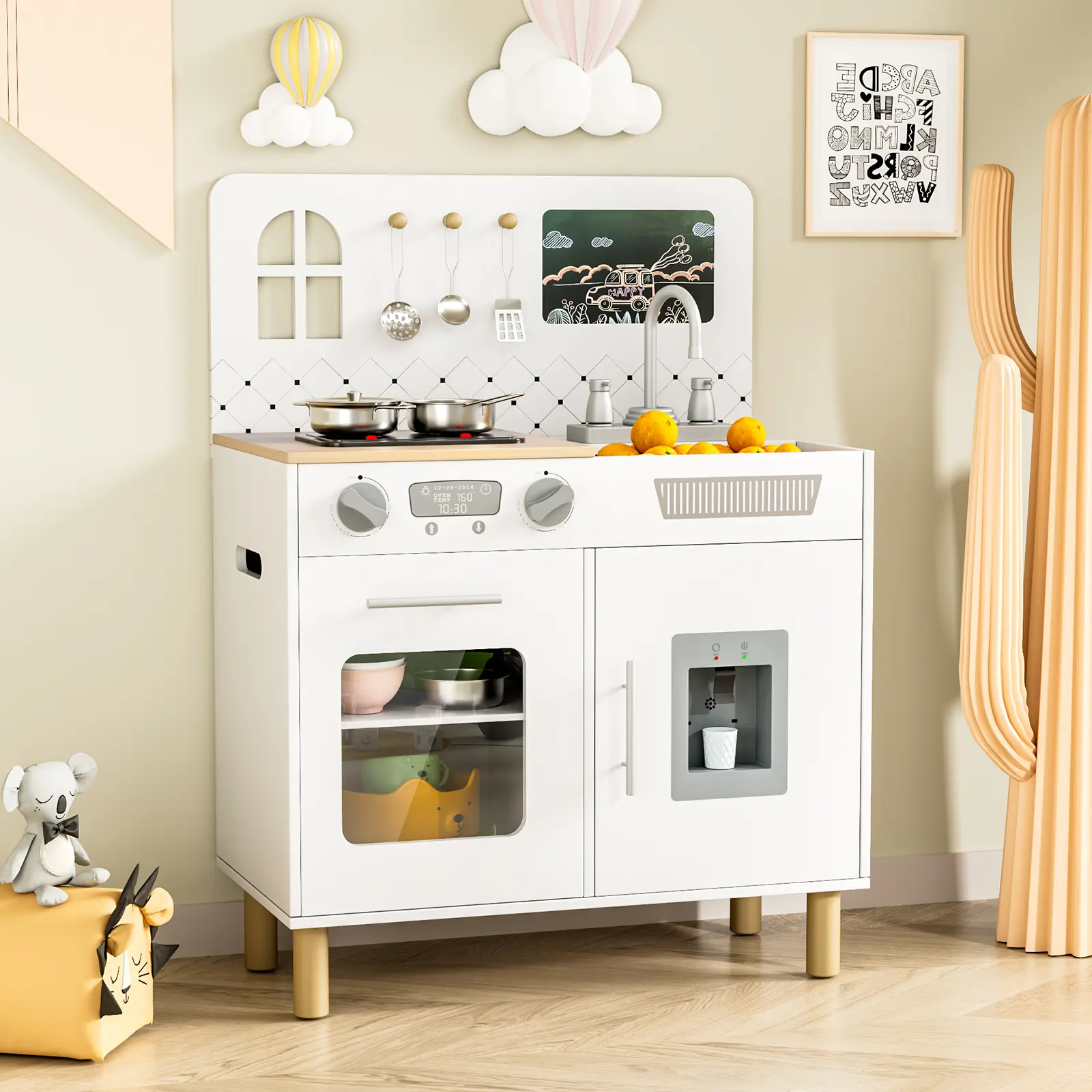 Arlopu Wooden Kids Play Kitchen Set with Real Lights & Sounds, Interactive Pretend Kitchen with Knob Sounds, Sink, Water Dispenser, 6 Pcs Cookware & Chalkboard Panel for Toddlers and Children, homeessentials