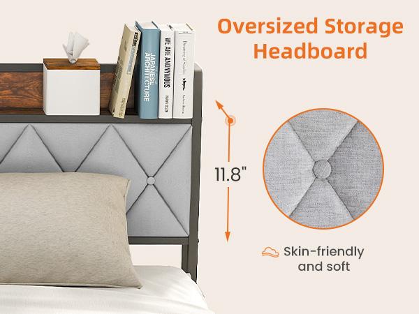 Full Bed Frame with Headboard, Underbed Storage, Built-in Charging Ports, Sturdy Noiseless Design, Tool-Free Assembly, No Box Spring Needed