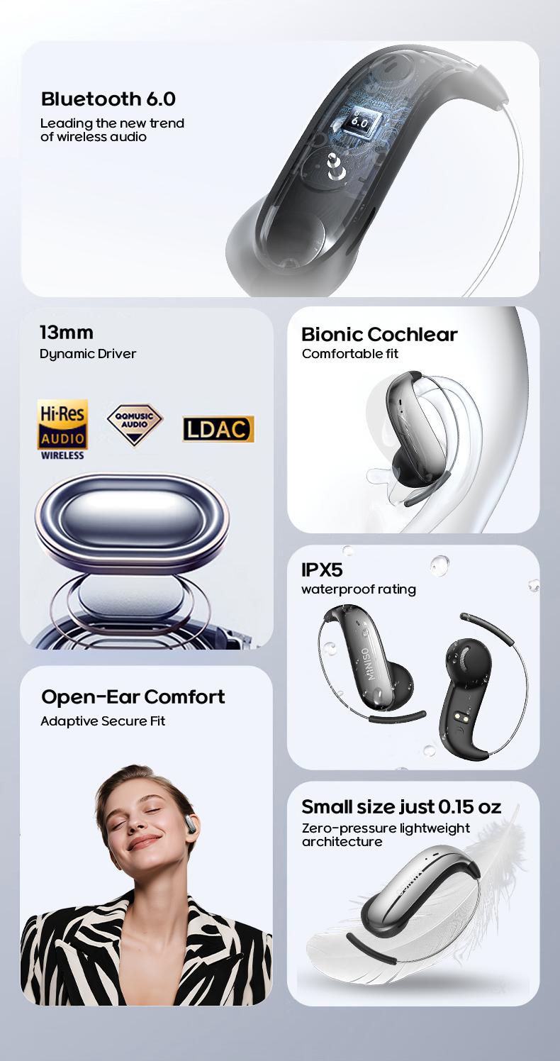 MINISO MS210 Wireless Earbuds Bluetooth Headphones with Zero Gravity Titan-Ohrhaken-Design, Sound, Wireless Earphones Headset Bluetooth 6.0, IPX5 Waterproof & Welding Resistant, Ideal for Travel & Electronic Gifts for Men Stereo Audio