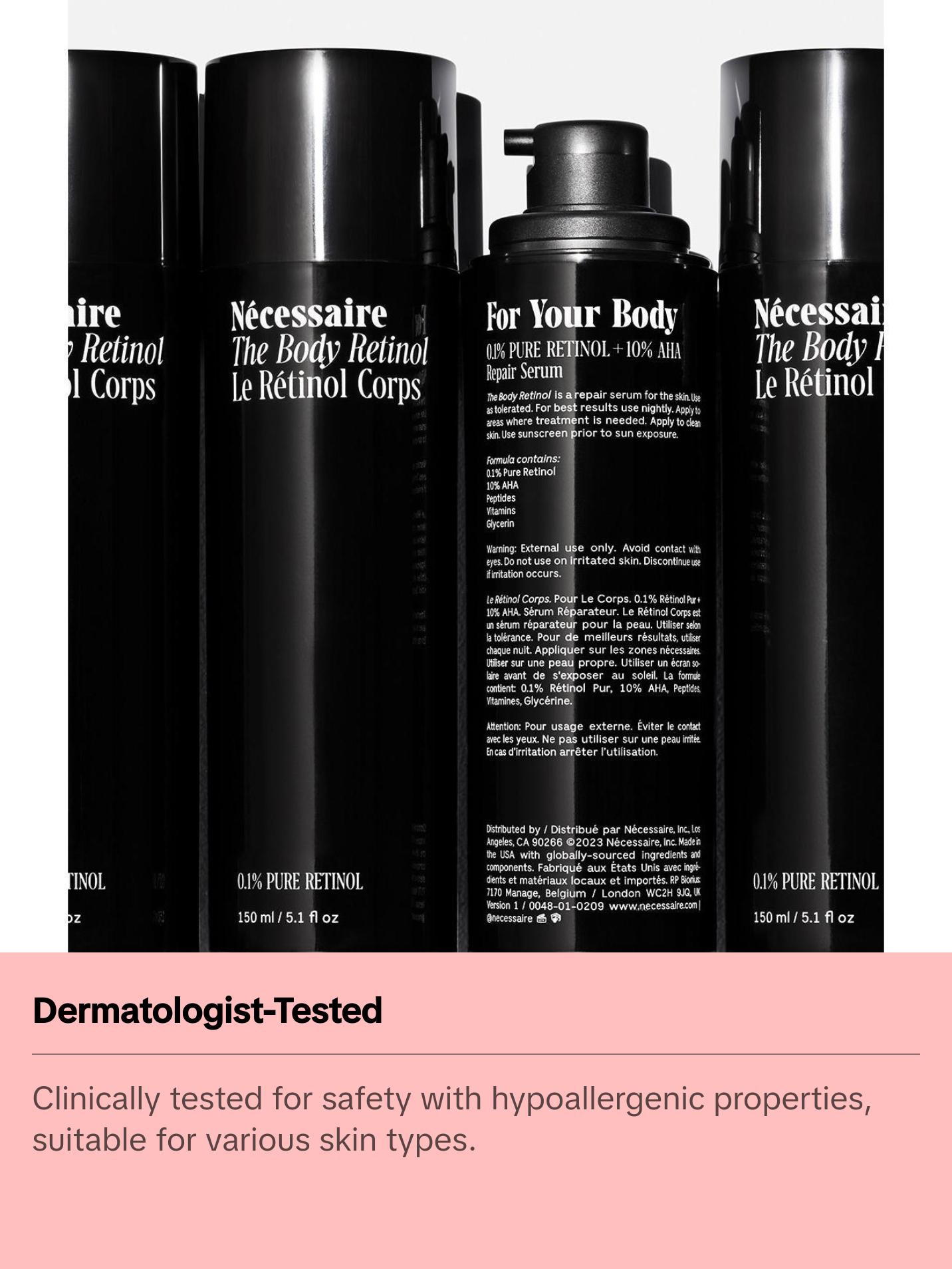 Nécessaire - The Body Retinol. Retinol Repair Serum + Retinol Body Lotion In One. Crepey Skin Treatment. Wrinkle + Line Prevention. 0.1% Pure Retinol + 10% AHA. 5.1 oz