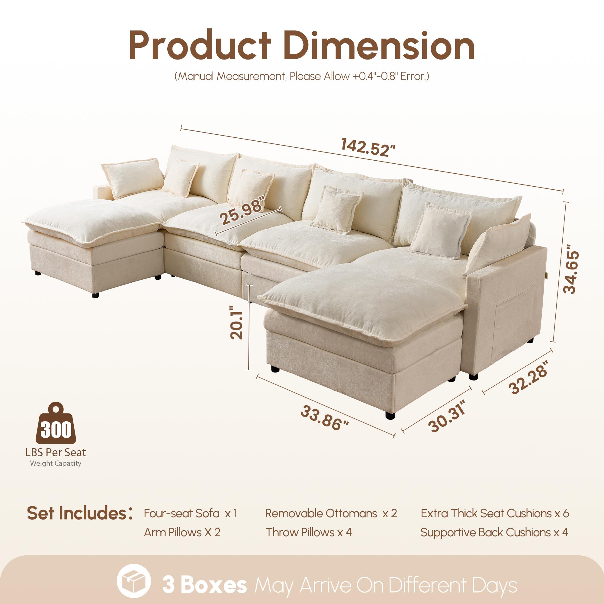 【2/3 Packages Shipping】Ovios 143" U-Shaped Modular Sectional Sofa with 2 Ottomans, Comfy Chenille Cloud Couch, Deep Seat Sofa Bed with 5 Pillows for Living Room, Bedroom & Apartment