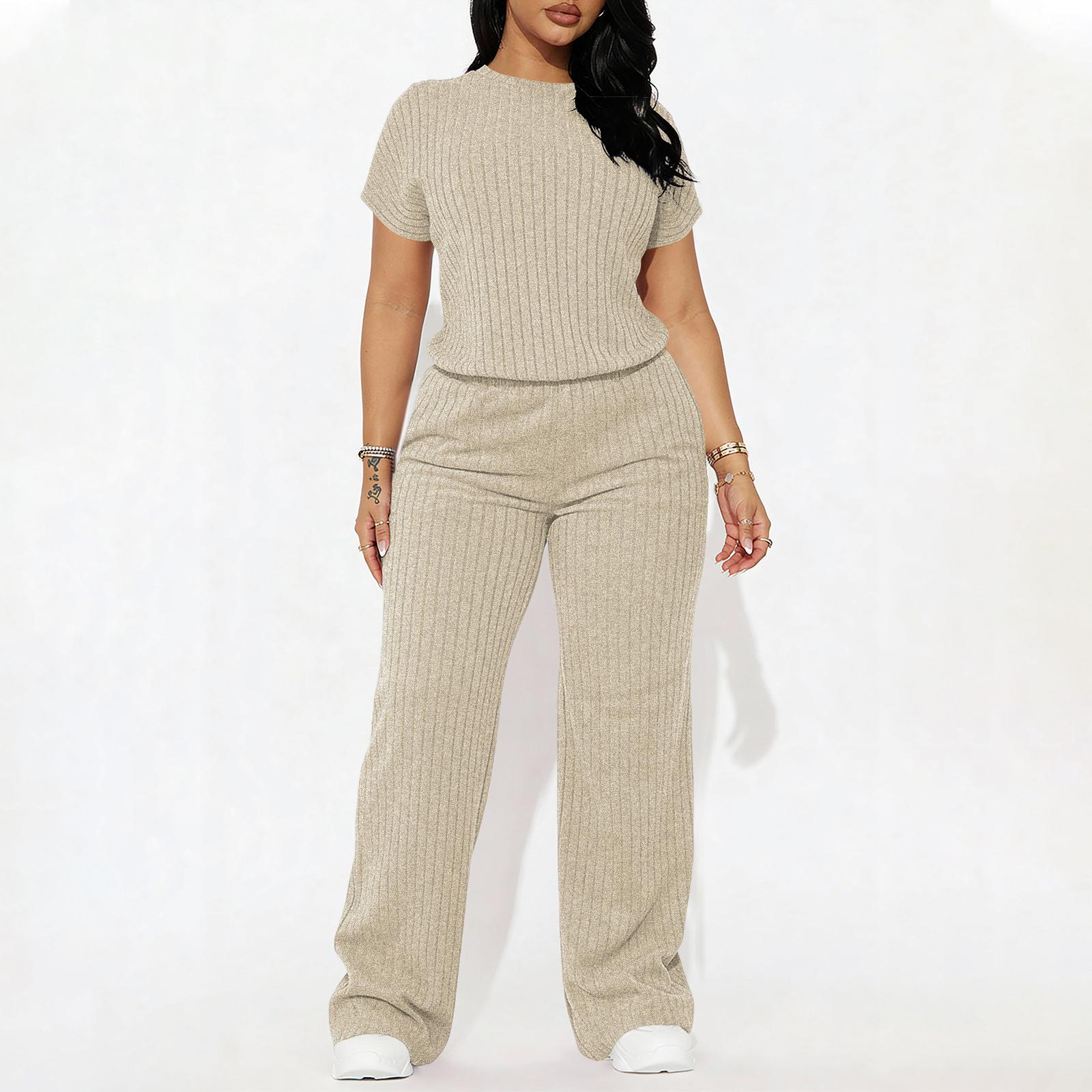 Women's Solid Shortsleeve Crewneck Ribbed Top & Wide Leg Pants Minimalist Casual Fitted Fashion Cozy Top & Trousers for Daily Outdoor Wear Ladies Clothes for Summer Womenswear Yoga Clothes Set Black Batwing Suits Suits Gamis Women's Solid Shortsleeve Crewneck Ribbed Top & Wide Leg Pants Minimalist Casual Fitted Fashion Cozy Top & Trousers for Daily Outdoor Wear Ladies Clothes for Summer Womenswear Yoga Clothes Set Black Batwing Suits Suits Gamis