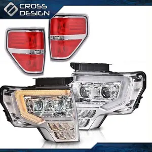CROSSDESIGN Fit For 2009-2014 Ford F150 Dual LED Projector Chorme Headlights RED Tail Lights