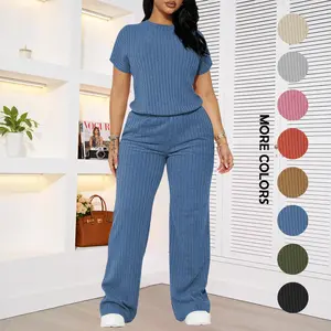 Women's Solid Shortsleeve Crewneck Ribbed Top & Wide Leg Pants Minimalist Casual Fitted Fashion Cozy Top & Trousers for Daily Outdoor Wear Ladies Clothes for Summer Womenswear Yoga Clothes Set Black Batwing Suits Suits