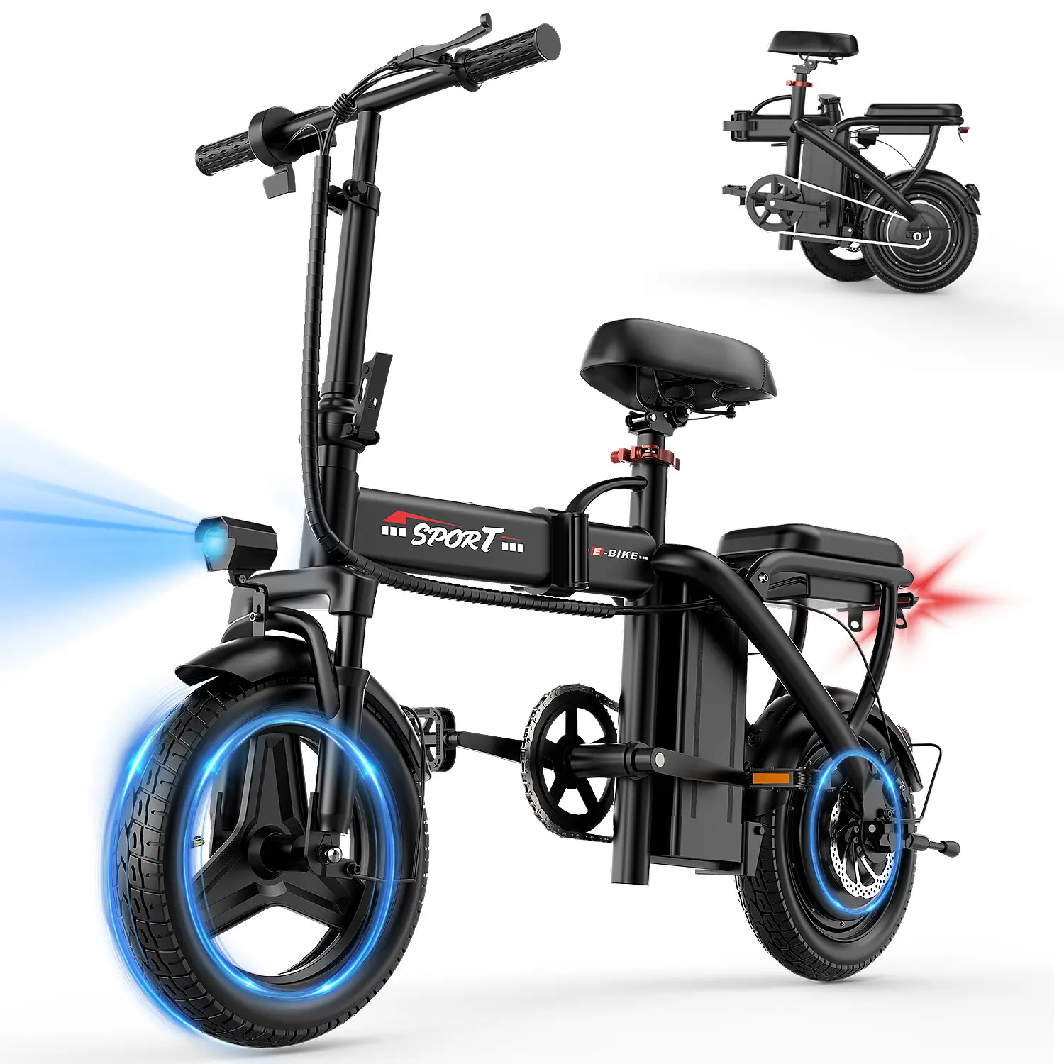 Pikabike Z6 Foldable Electric Bike, 1200W Peak Power, 25MPH Max Speed, 14" Pneumatic Tires, 22-40 Mi Range, Rear Disc Brake, Dual Seats