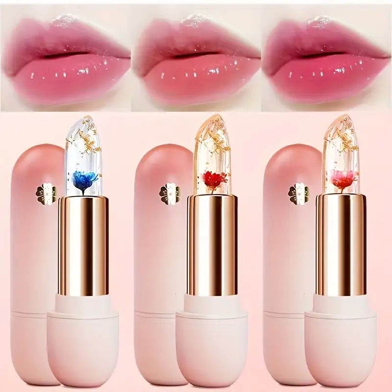 3 Pieces Transparent Petal Color Changing Lipstick Makeup Set Waterproof Long Lasting Moisturizing Lip Tint Temperature Changing Lip Glossy Cosmetic Summeressentials