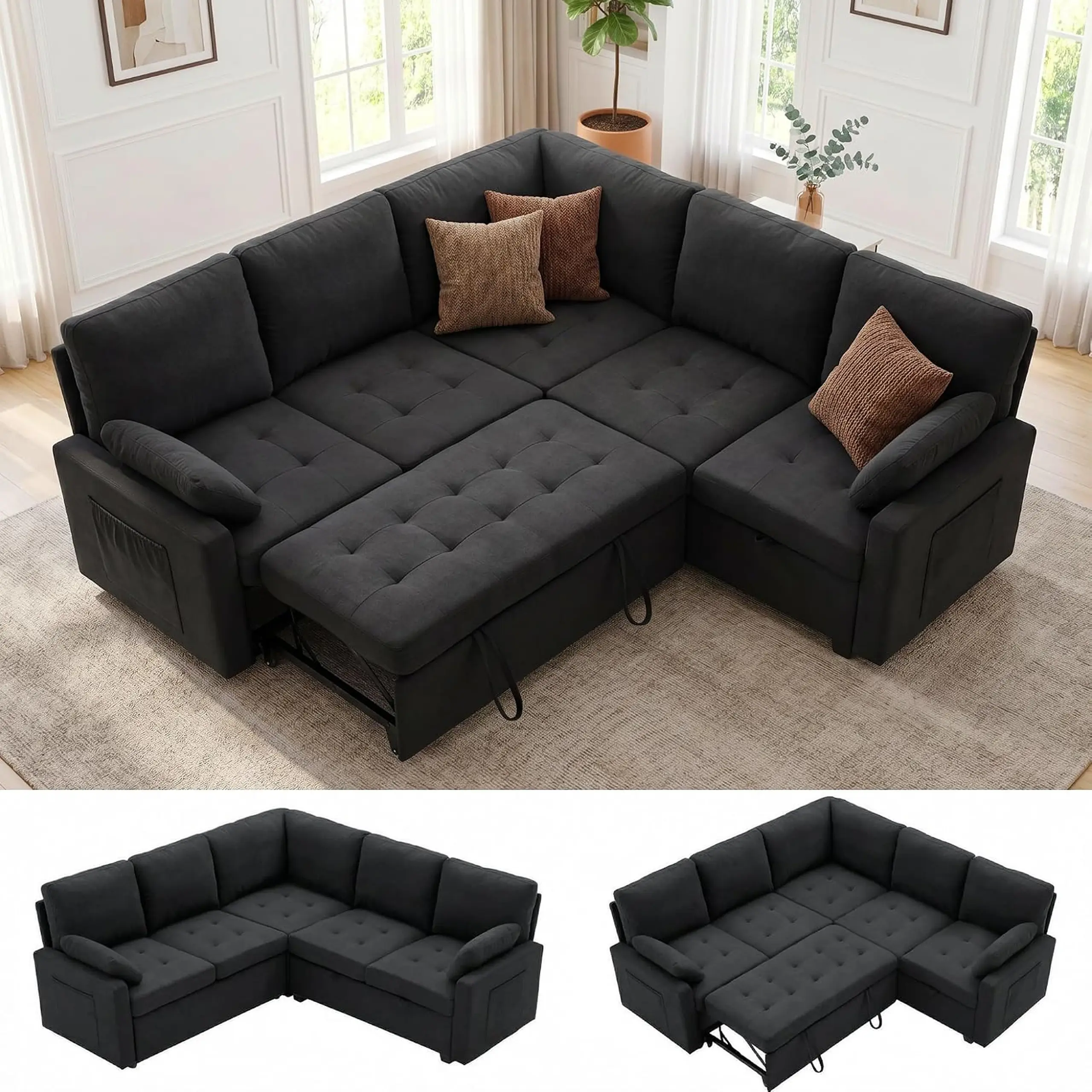 【3 Packages】82" Pull Out Couch with Storage, Sleeper Sofa, 5 Seat L Shaped Sectional Couches for Living Room, Modular Sectional Couch with Removable Covers,