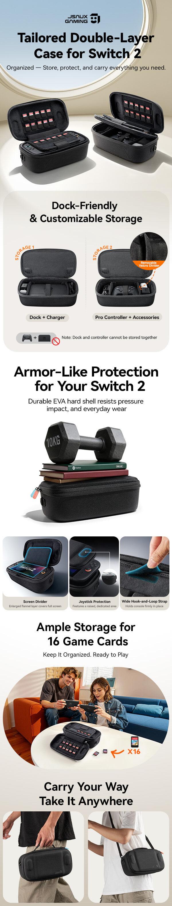 JSAUX Carrying Case for Nintendo Switch 2, Fits Dock and Accessories, Double-decker Travel Storage Bag with 16 Game Card Slots, Hard EVA Shockproof Protective System Case – Black