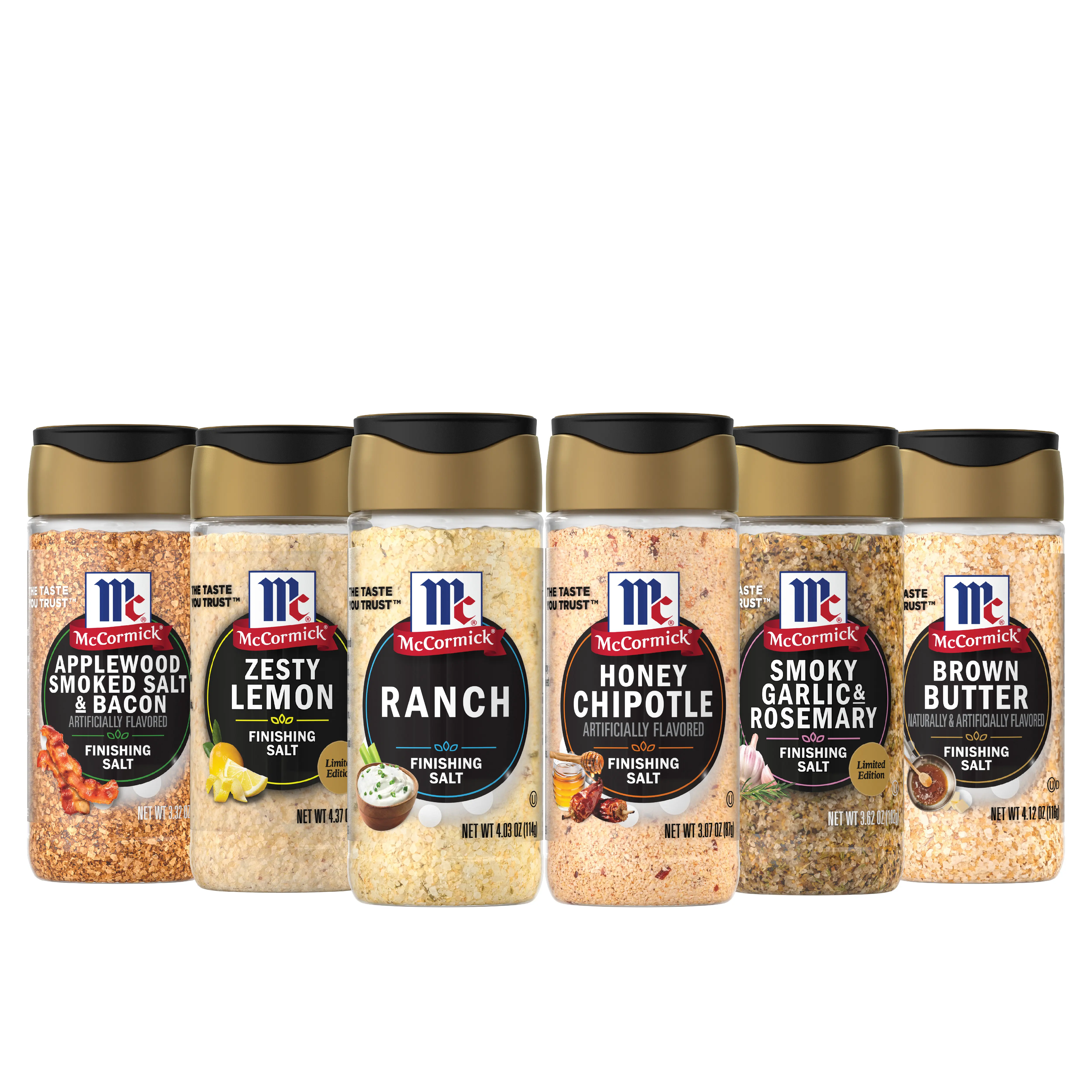 McCormick Finishing Salts Savory Cravings Collection (Ranch, Honey Chipotle, Applewood Smoked Salt & Bacon, Zesty Lemon, Brown Butter, Smoky Garlic & Rosemary) 6 Count Variety Pack
