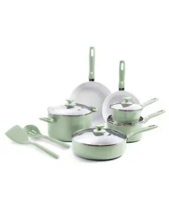 GreenPan Dover Ceramic Nonstick 12-Piece Cookware Set with Aluminum Body, Tempered Glass Lids, and Silicone Tools for Quick Heating and Easy Meal Prep