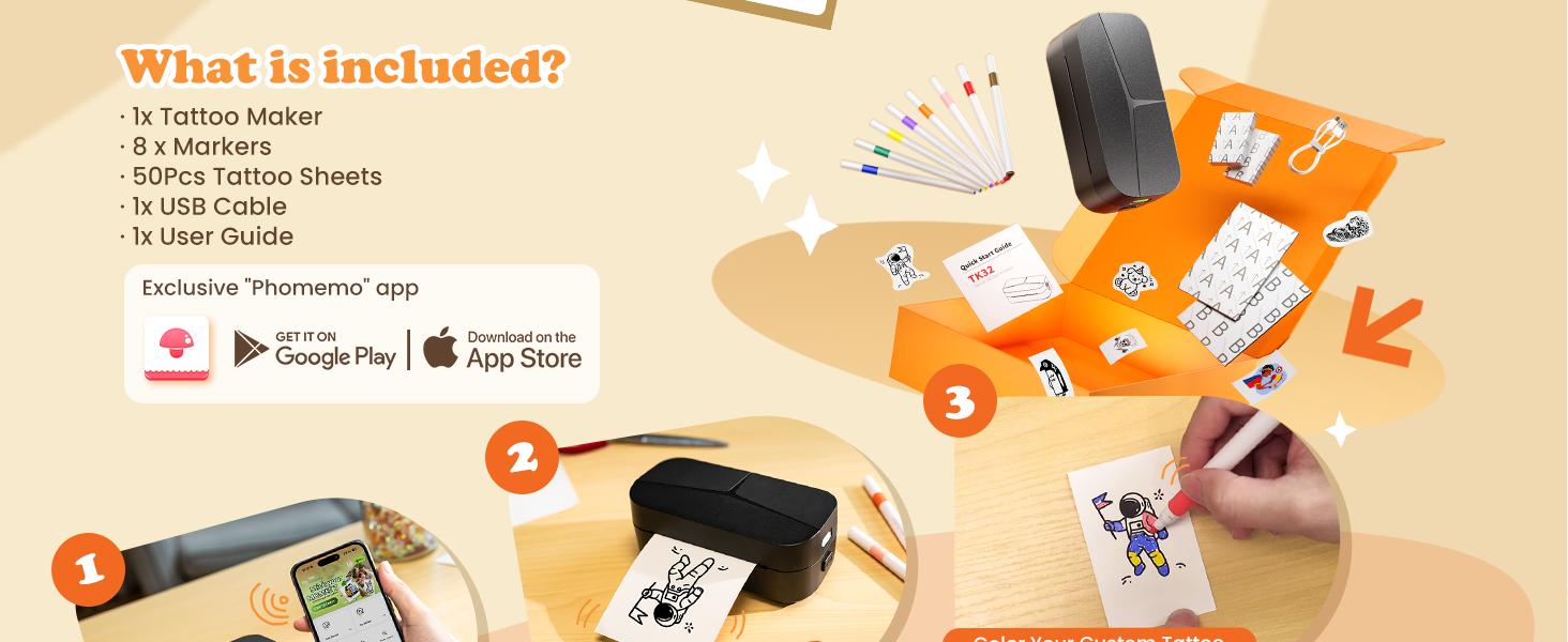 Phomemo DIY Temporary Tattoo Maker, TK32 Tattoo Maker for Kids & Adults, Create Custom Tattoos with AI Voice & Text Design, DIY Tattoo Sticker Kit with 50 Papers & 8 Markers, Perfect for Parties, Events & Gifts, Black