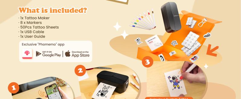 Phomemo DIY Temporary Tattoo Maker, TK32 Tattoo Maker for Kids & Adults, Create Custom Temporary Tattoos, DIY Tattoo Sticker Kit with 50 Papers & 8 Markers, Perfect for Parties, Events, Gifts & Creative Fun, Black