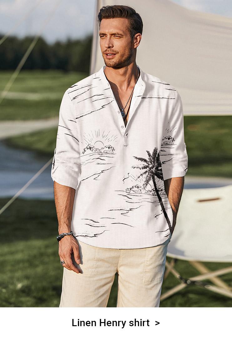 COOFANDY Week Men's Cotton Linen Henley Shirt Long Sleeve Hippie Casual Beach T Shirts Menswear Soft Beach Wear Breathable Vneck Fashion Lightweight Stylish Slim Fit（runs small ）