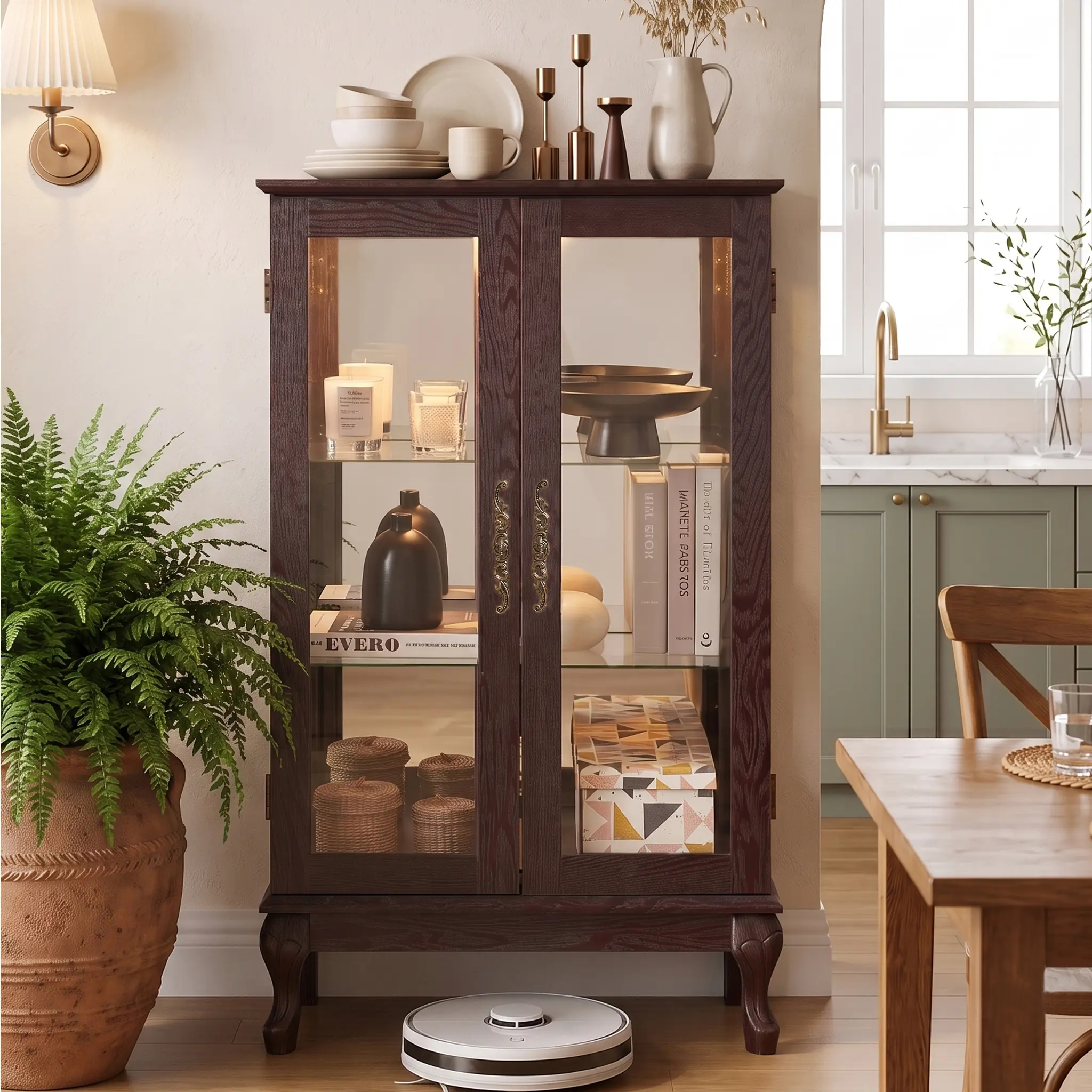 Eyisean 44" Glass Display Cabinet, Light Blub Included, 3-Tier  Curio Cabinet with Glass Doors & Adjustable Shelves, Mirrored Back Panel, Weight Capacity 75 LBS, Vintage China Cabinet for Living Room, Apartment, Kitchen