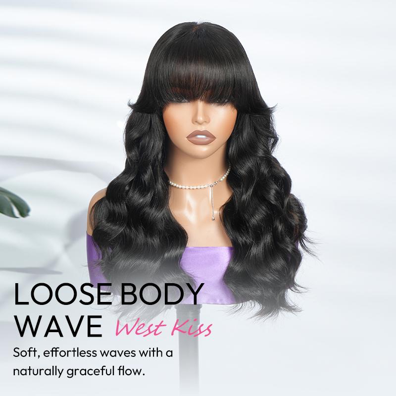 [Valentine's Day Essential] West Kiss Glueless Wig With Bangs Body Wave 5x5 Lace Closure Wig Human Hair Ready To Go Wig TikTokShopHolidayHaul