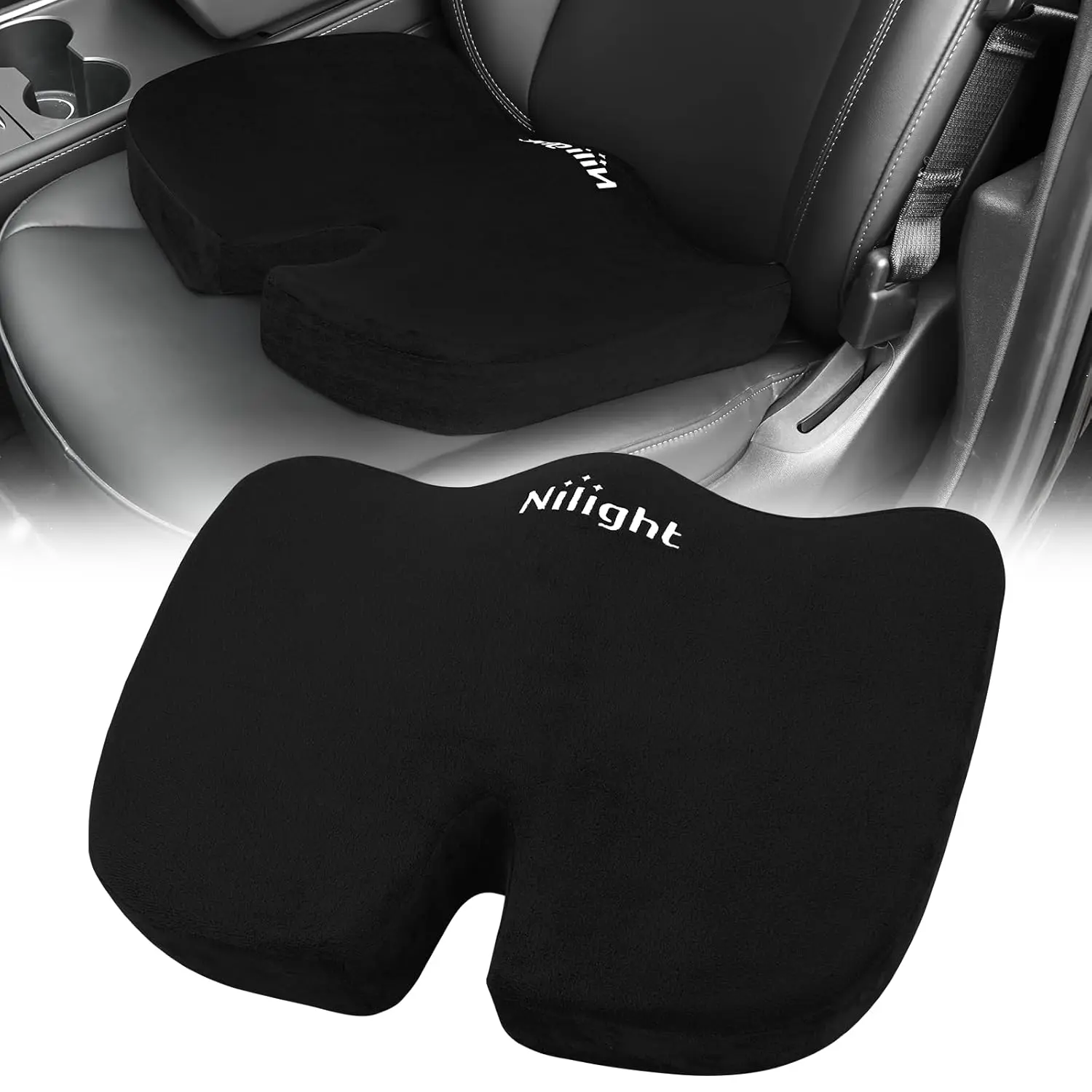 Nilight Velvet Car Seat Cushion with Removable Cover, W-Shape Pressure Relief, Grip-Stable Base, Lumbar Support Pillow, Posture Aid, Sciatica & Tailbone Pain Relief, Improved Driving View, Old Car Upgrade (Ideal for Driving)