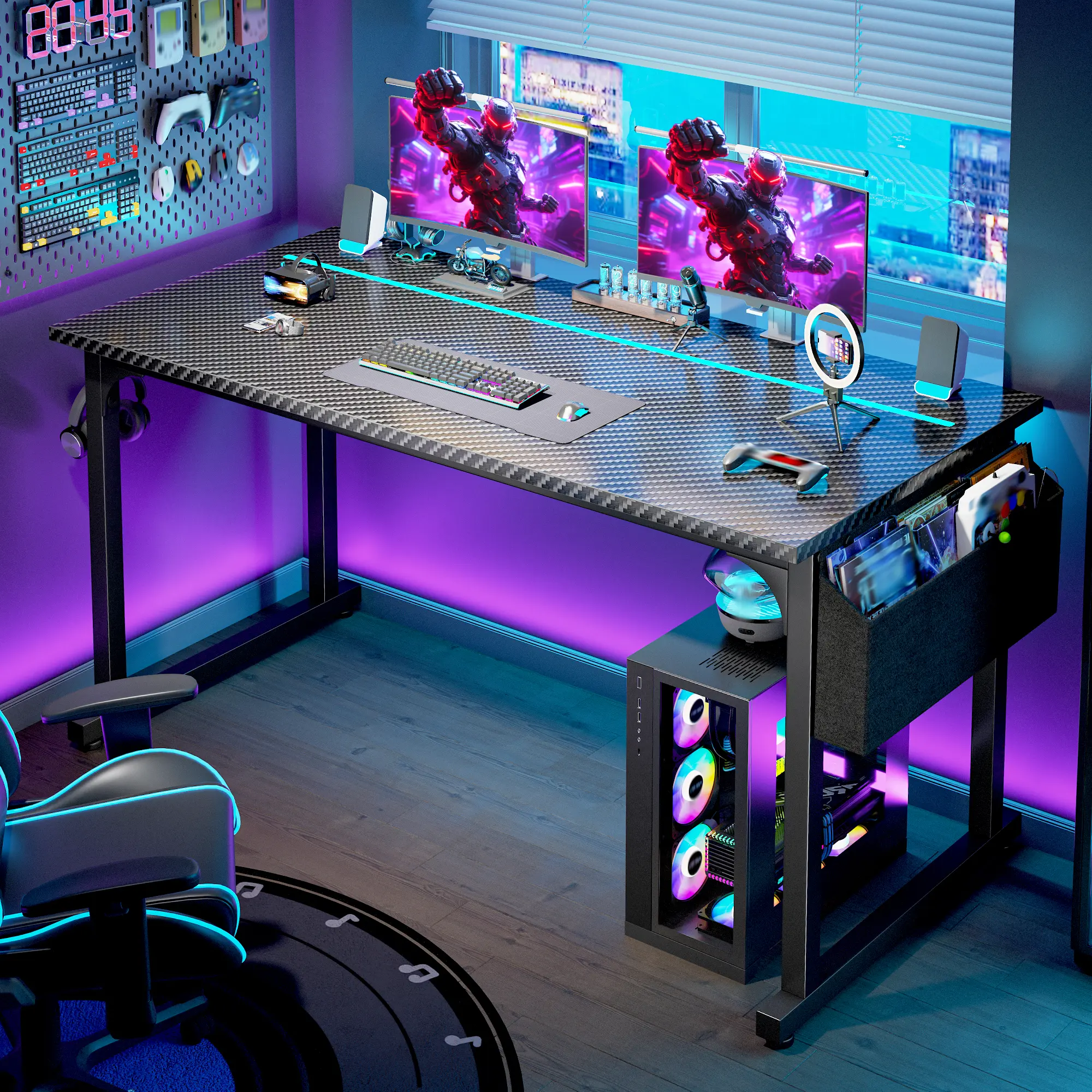 【Back to school】Raybee 31.5‘‘ Carbon Fiber Texture Gaming Desk, Sturdy Computer Desk with 4 Hooks, Gaming Setup with LED Lights for Home Office Use, Study desk for teenagers, Born for Dorm & Apartments & Tiny room, Easy Assembly