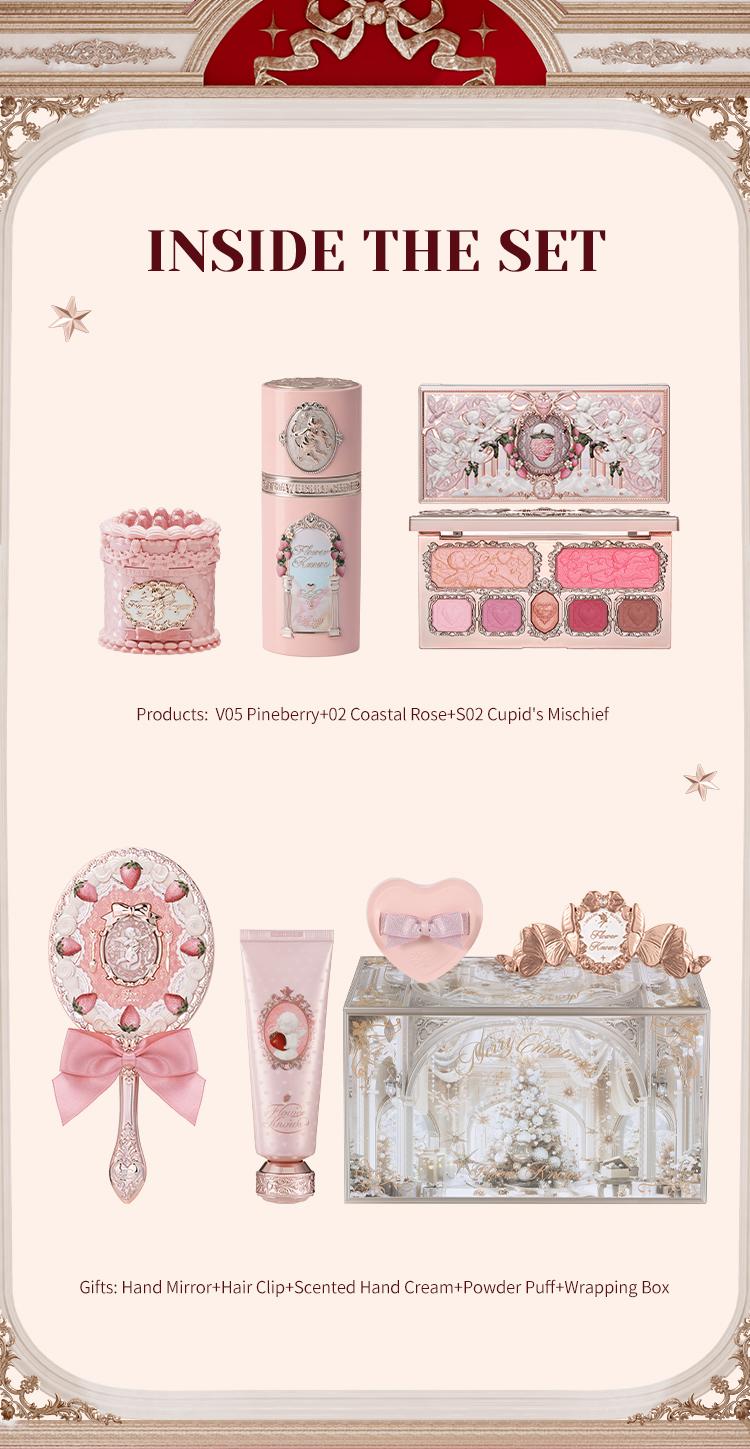 Flower Knows Pink Sweetheart Set - Full Face Makeup Set with Lipstick, Blush, Eyeshadow Palette and Cosmetic Tools, Summer Beauty Gift Box