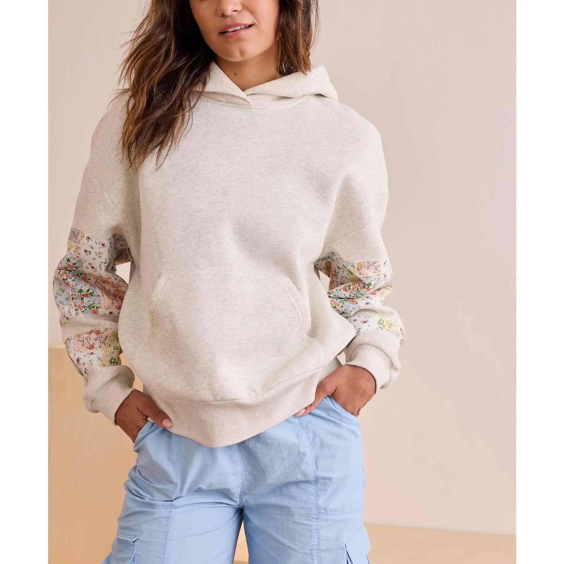 Women's Cotton Hooded Pullover, Lady's Longsleeves Floral Print Patchwork Casual Loose-Fit Tops with Pocket, Women's Tops