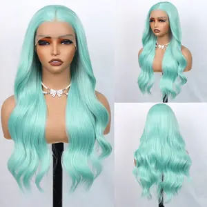 Aodbar hairs Teal Body Wave Wig Lace Frontal Wig 28 Inch Long Body Curly Wig for Women Mint Green Color Long Curly Wig Heat Resistant Fiber Hair Glueless Teal Color Wave Wig Pre Plucked Natural Hairline