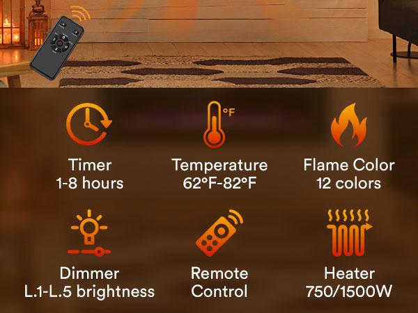 R.W.FLAME Electric Fireplace Inserts, in-Wall Recessed & Wall Mounted 750/1500W Heater, Touch Screen, Remote Control with Timer, Adjustable Flame Color and Speed, 30"~68", Black