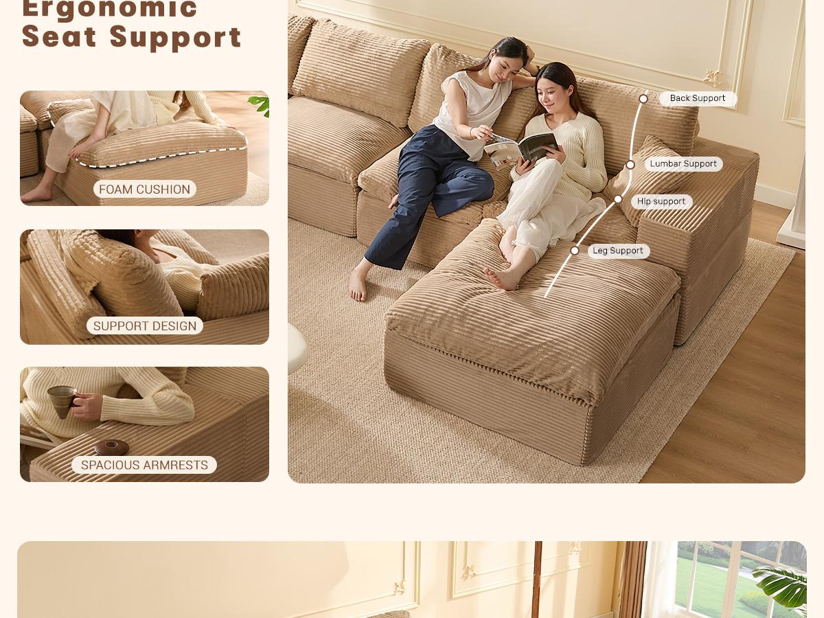 【3 Packages Shipping】137” 4-Seater U shaped Sofa With Extra Cushions Added,Boneless Sectional Couches for Living Room,Cozy Comfy Sofabed,Cloud Couch, Modular Sectional Sofa, Convertible Sofas Bed, Deep Seat Sofa, Cozy Sofa Furniture Set, Corduroy