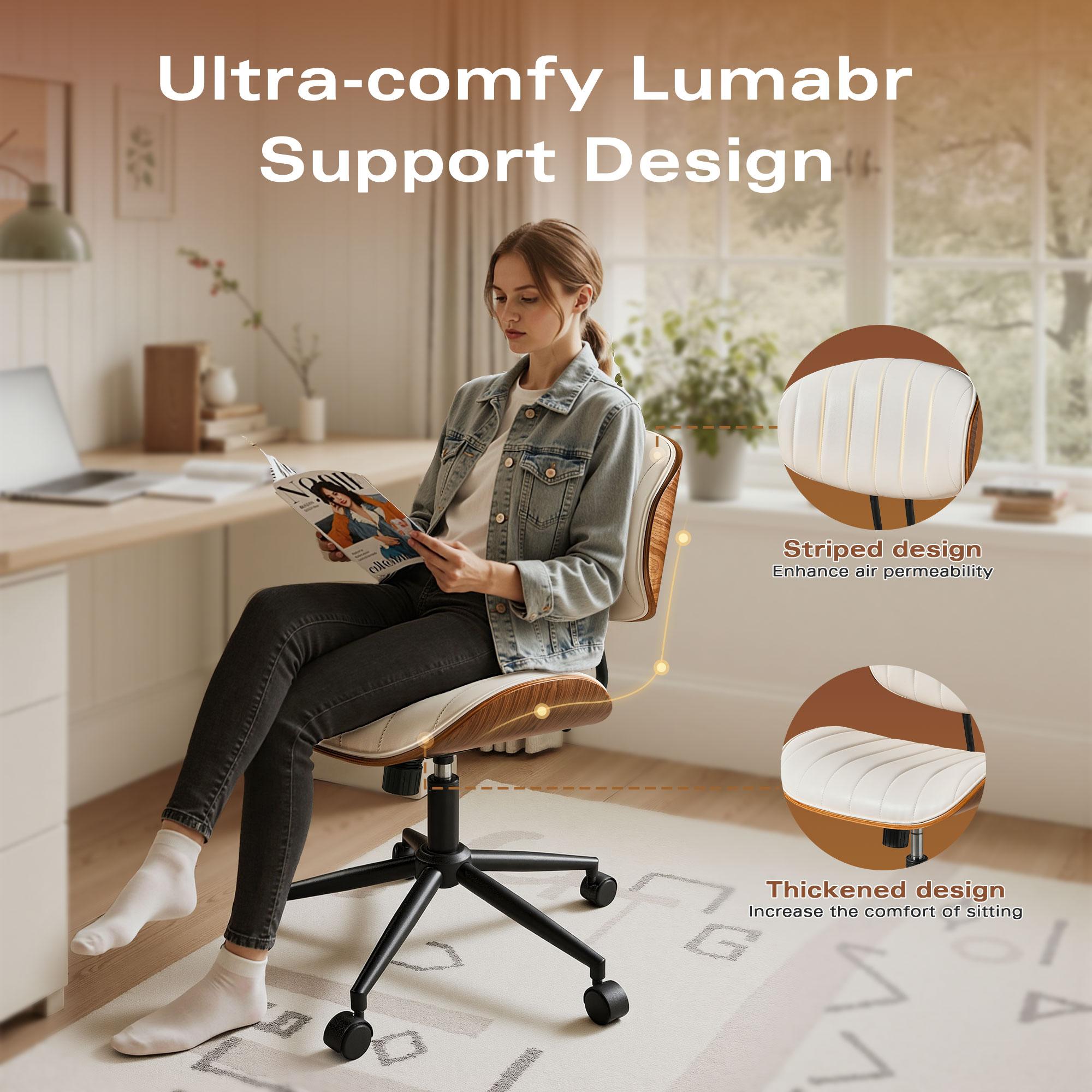 【Stock Up Sale】Ovios Wide Curved Seat&Back Armless Home Office Chair, Adjustable-Height Desk Chair, 360° Swivel&Tilting Function, PU Fabric Stylish Walnut Task Make Up Chair for Meeing Room,Dining Room