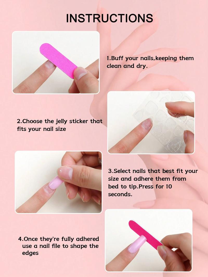 24-Piece Long Square Nude Ombré French Press-On Nails with 3D Rhinestones - Glossy Natural Pink Base, Includes 1 Nail File & 1 Sheet Double-Sided Tape​