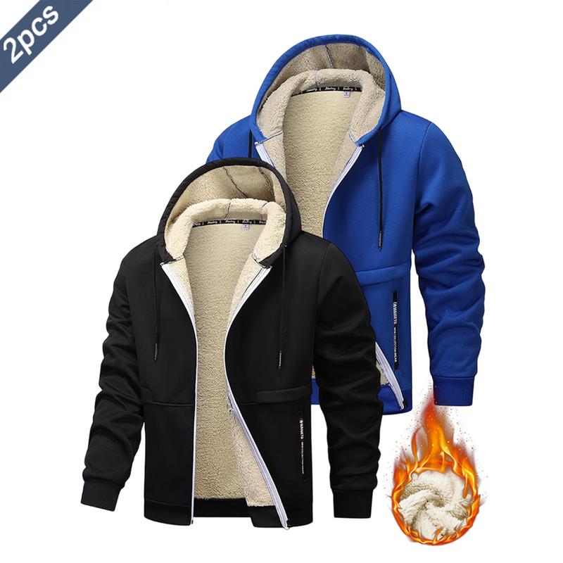 2PCS - Autumn And Winter Men's Simple Solid Color Hoodie, Drawstring Hooded Cardigan Coat, Men's Winter Clothing, Autumn And Winter Sports Outdoor Wear