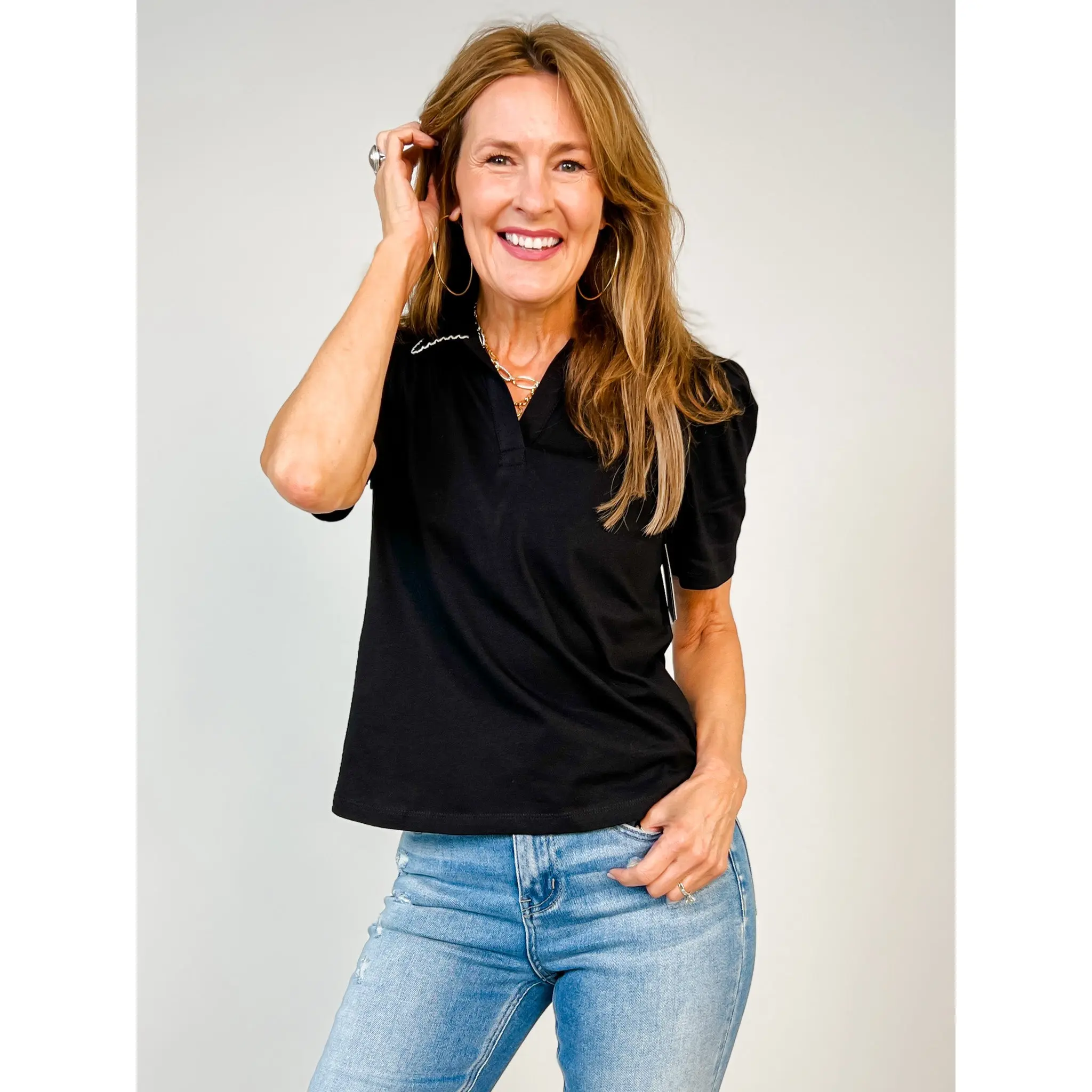 Puff Sleeve Cotton Polo Shirt