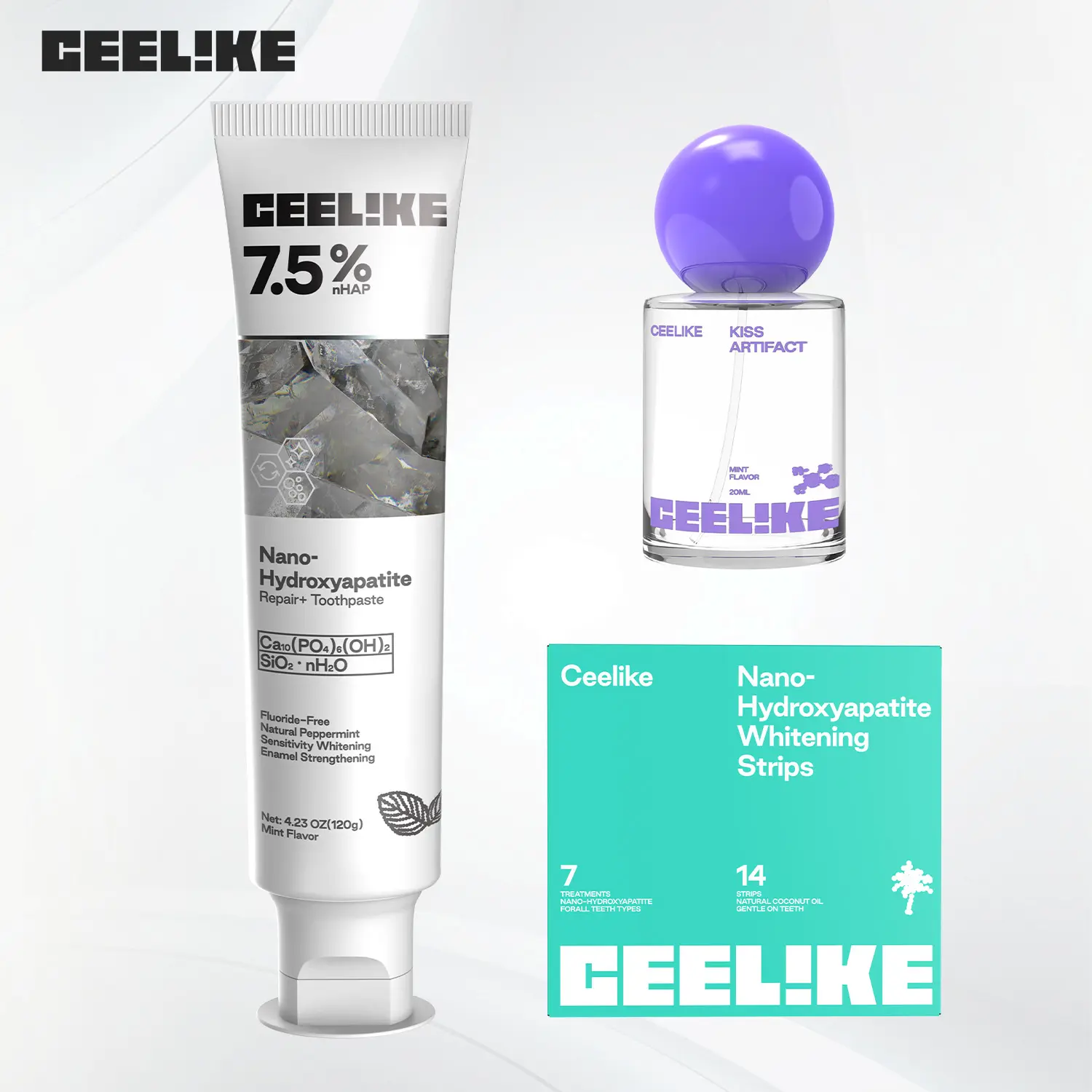 CEELIKE Oral Care Box Set - HAP Whitening Water-Based Kit with Oral Care Toothpastes, Fresh Breath Spray, Teeth Whitening Strips (7 Treatments), Minty Fruity Flavor, 24-Month Shelf Life, No Harmful Additives for Fresh Breath & Strong Teeth