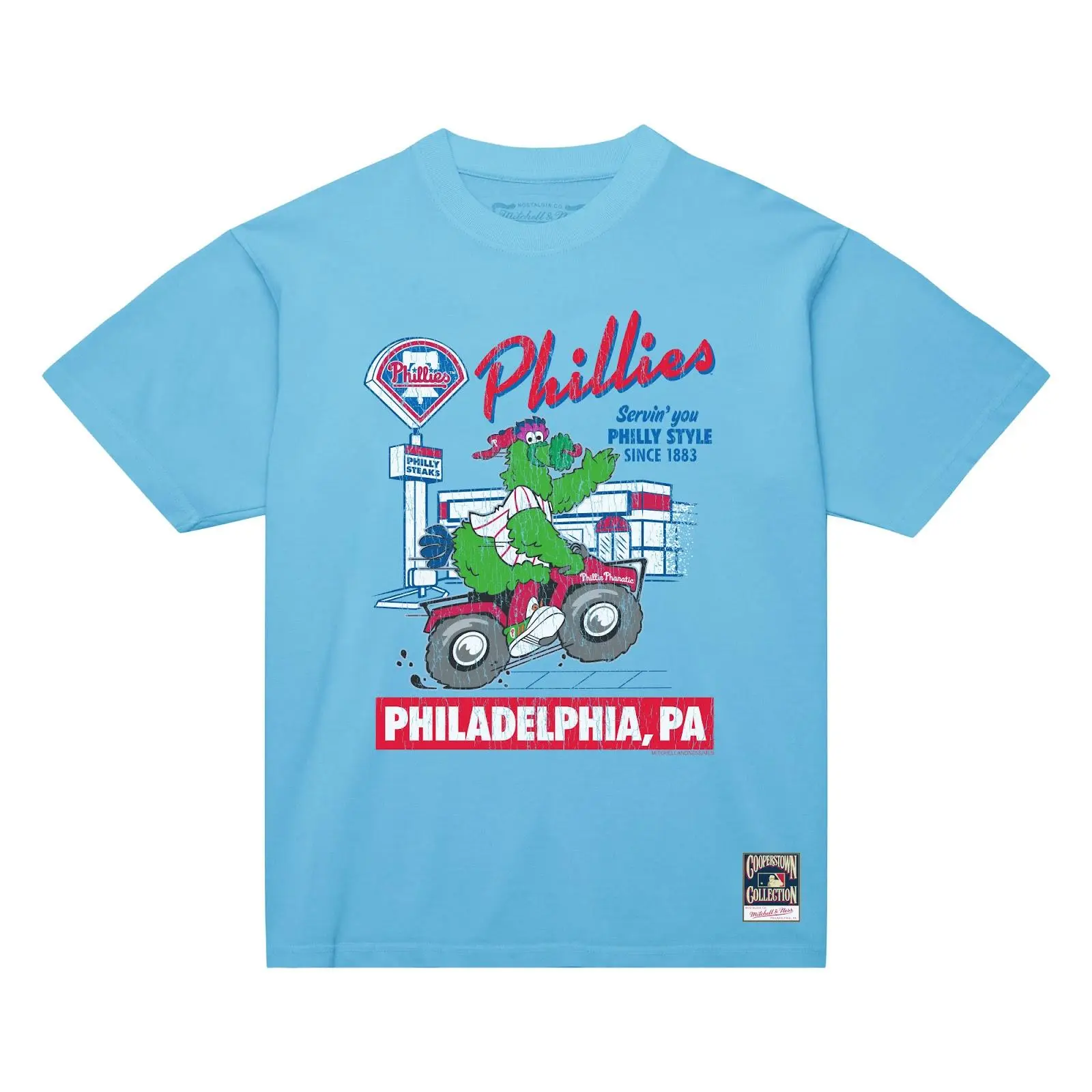 Philadelphia Phillies Light Blue Deli Arch T-Shirt MLB Throwback Tee Graphic Vintage Fan Gear Mitchell & Ness