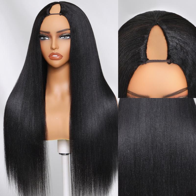 UNice Upgrade Blend Natural V Part Glueless Yaki/Kinky Straight Wig wih Drawstring Beginner Friendly Natural Black for Women