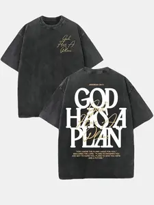 Retro Washed Double Sided Printed T- for Shirt, 'GOD HAS A PLAN' Letter Graphic Tee, 230g Pure Crewneck,  Streetwear, Men's Casual Comfortable Fashion Tops Smooth Fabric Seamless Soft Tshirt graphic tee t shirt man T-Shirt American Short Sleeve