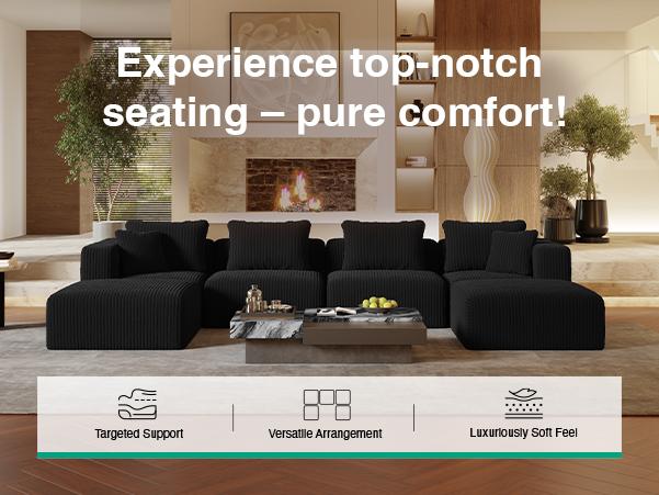 【4 Packages Shipping] Plush Corduroy Cloud Velvet Modular Couch with Chaise & Ottoman, No Assembly Required - L/U- Shaped Sectional Sofa Set with Flexible Configuration