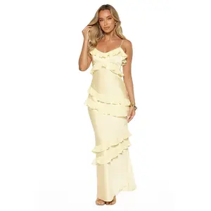 Audra Yellow Ruffle Satin Maxi Dress