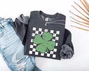 Retro Shamrock Sweatshirt - Checkered Shamrock - Lucky Hoodie - Lucky Shamrock - Retro Clover Sweater - Patrick’s Day Gift - Irish Hoodie