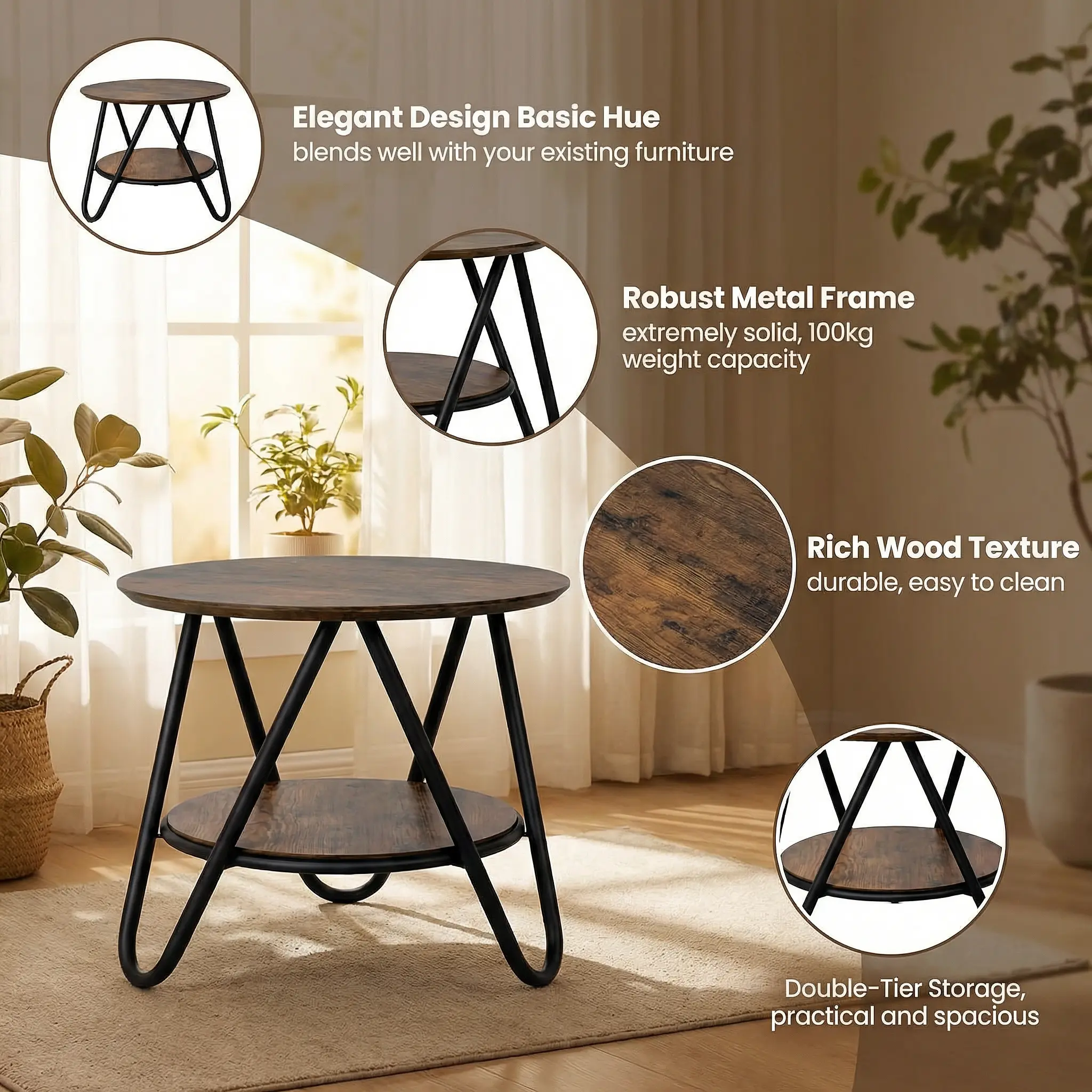Double Layer Round Edge Table, Modern 2-Tier Circular Side Table with Smooth Rounded Edges, Space-Saving Design with Extra Storage Shelf, Sturdy Metal Frame and Durable Top, Easy Assembly, Ideal for Living Room, Bedroom, Sofa Side, Coffee Accent Use