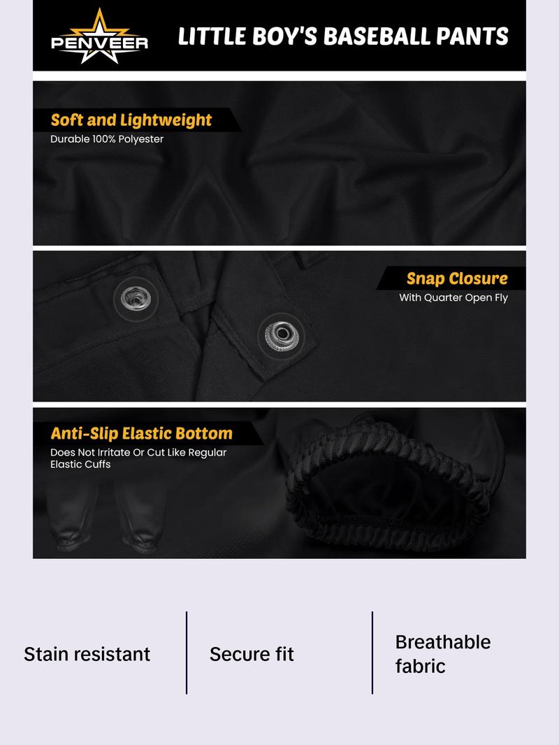 Penveer Pull-Up Youth Baseball Pants, Quarter Open Fly Boys Baseball Pants with Durable Snap & Elastic Bottom, T Ball Pants (Black) Athletic Outfits Sporty Style Clothes