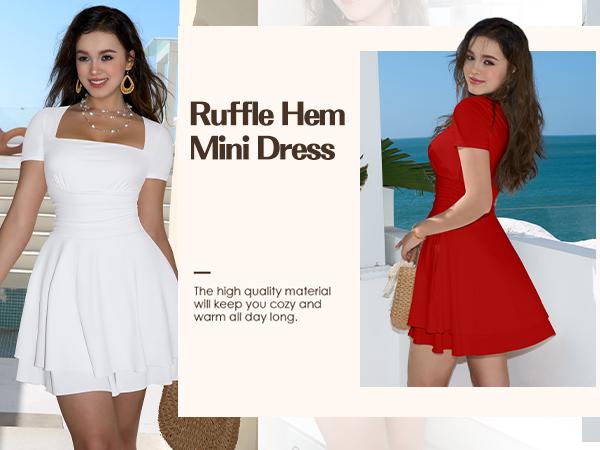 OYS Women's Casual Square Neck Ruffle Hem Mini Dress Short Sleeve Short Party Dresses With Pockets OYS Women's Casual Square Neck Ruffle Hem Mini Dress Short Sleeve Short Party Dresses With Pockets