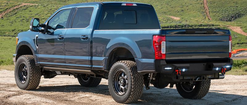 for F250 F350 F450 Rear Step Bumper Compatible with 2017-2025 4th Gen Ford F250 F350 F450 Super Duty Pickup Truck Bumper with 4 x 18W LED Lights & D-rings, Paintable Armor, Sensor Holes, Black