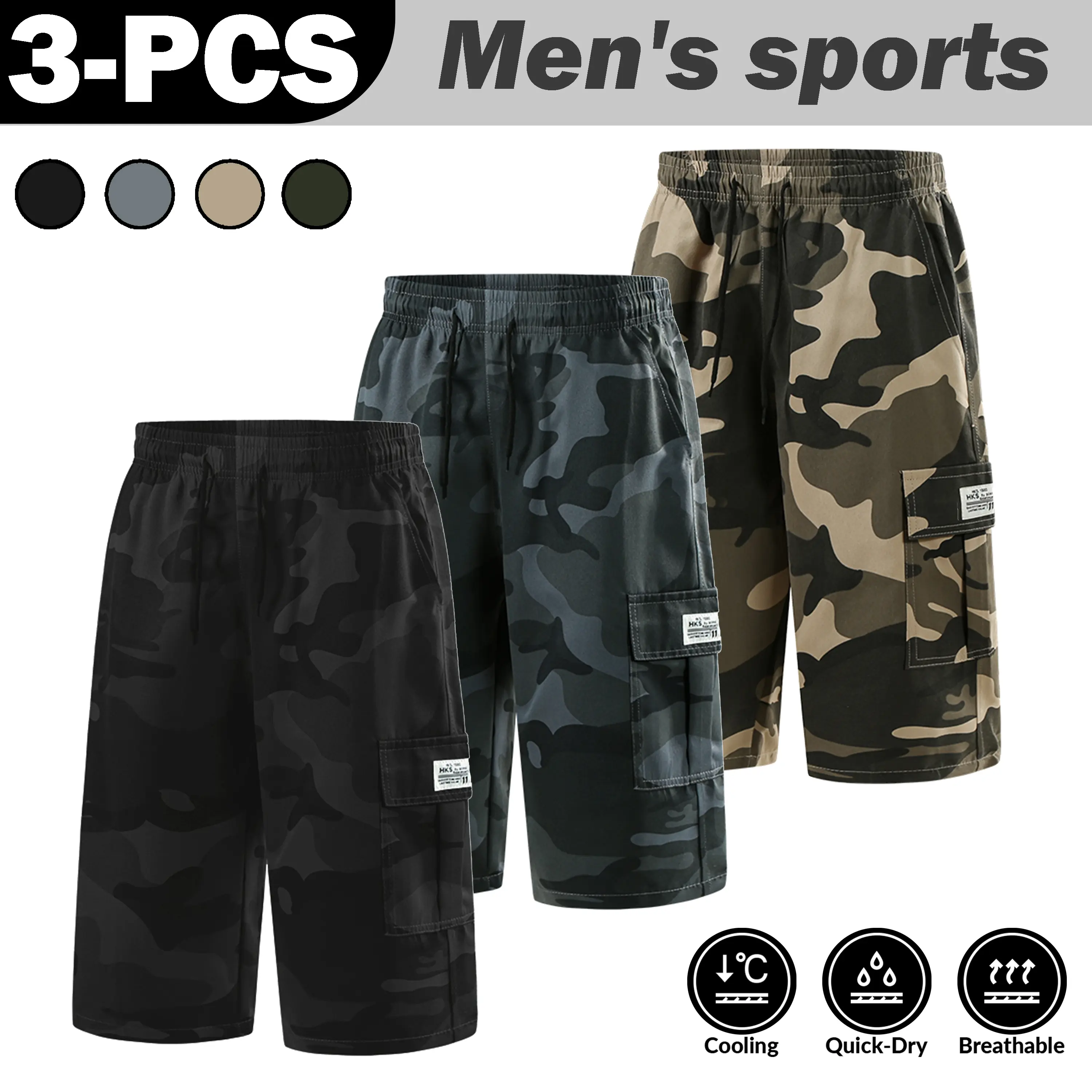 Men's 3-Pack Cargo Shorts, Loose Fit Athletic Camo Fashion Shorts with Drawstring and Pockets for Gear, Quick-Dry Breathable Fabric for Outdoors, Street