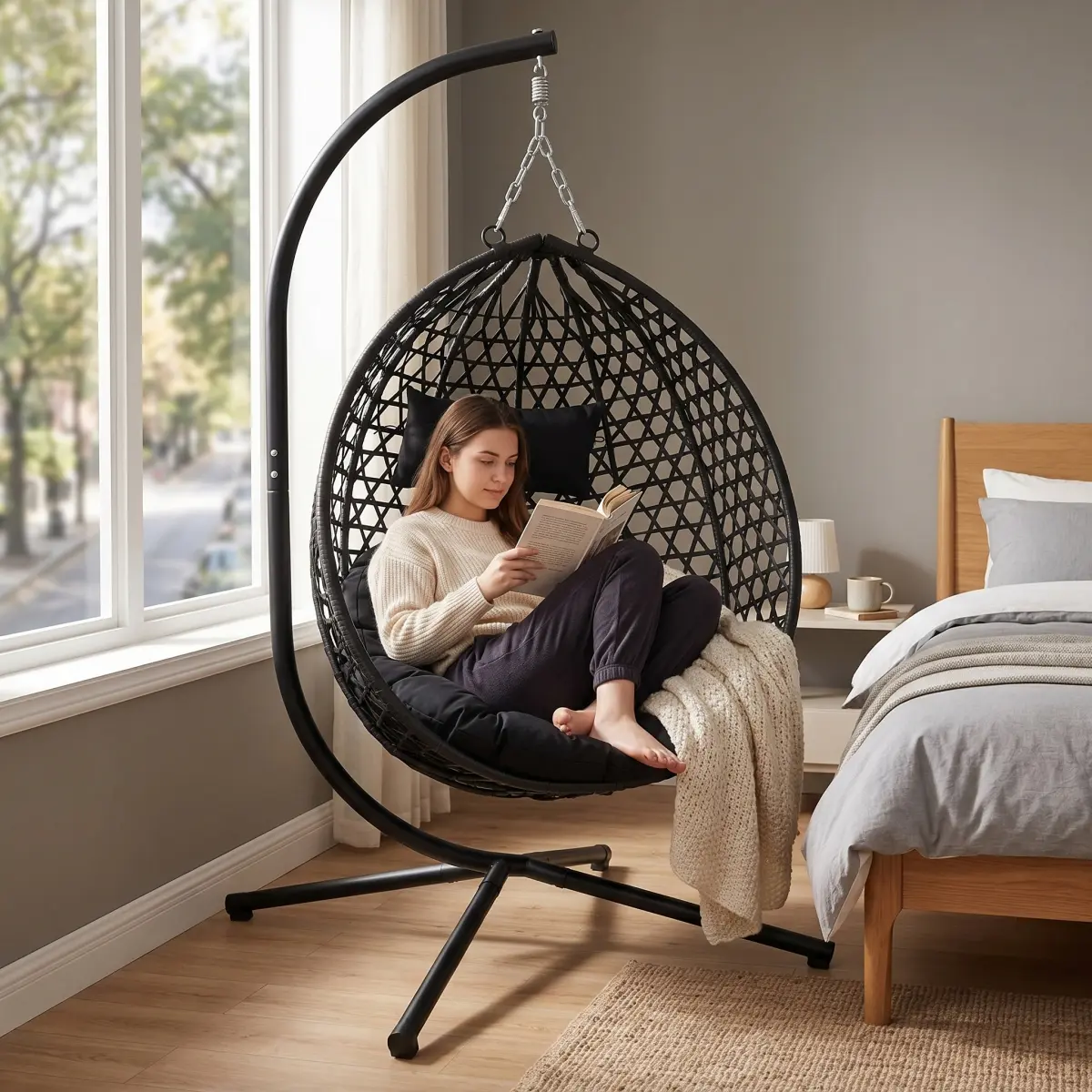 Foldable Hanging Egg Chair with Stand, HDPE Rattan Wicker Swing Chair with Cushion, Heavy Duty Frame 350 Lbs Capacity, Outdoor Patio Indoor Bedroom Balcony, Black+ Black