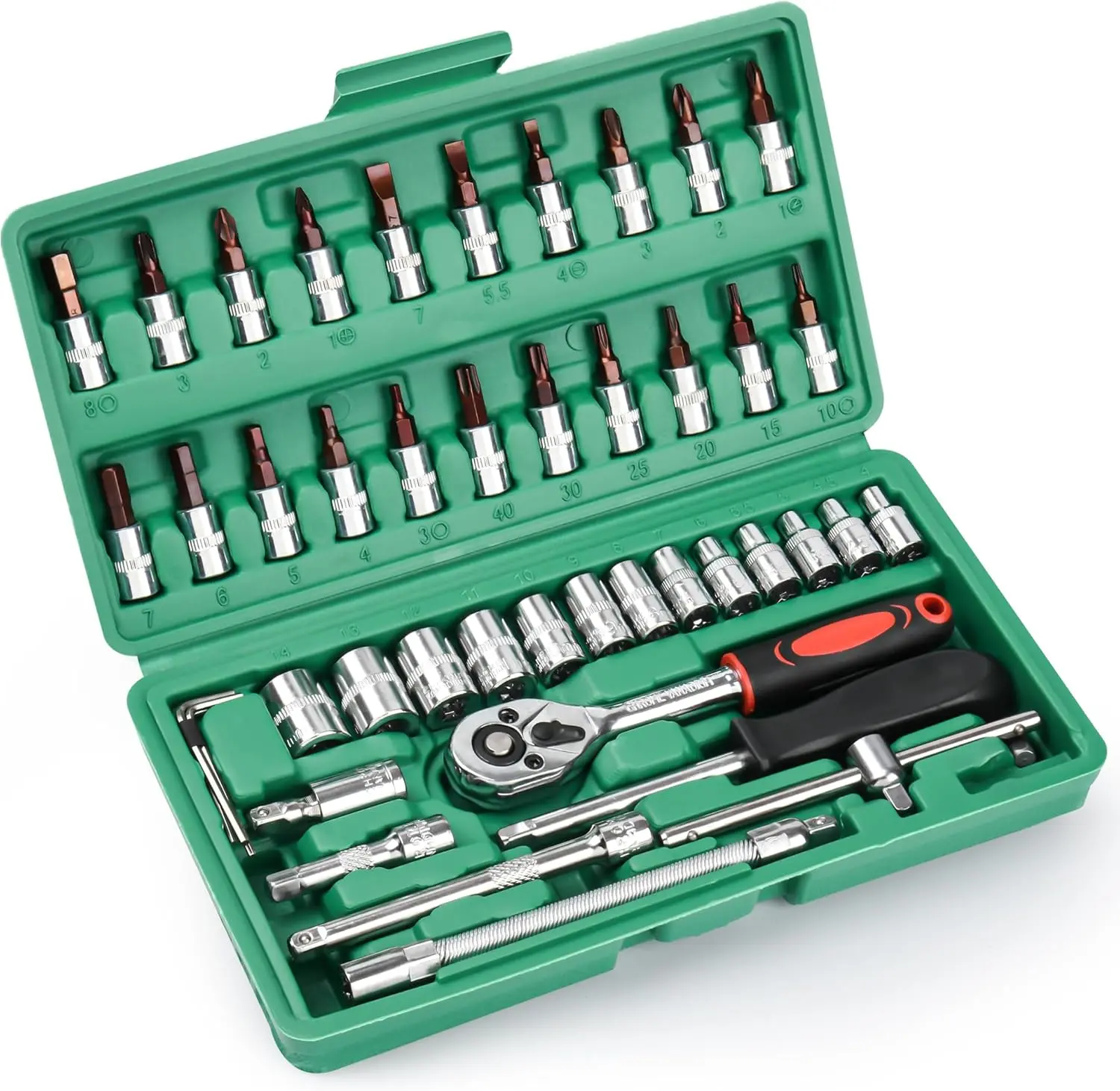 46 Pieces 1/4 Inch Drive Socket Ratchet Wrench Set, with Reversible Ratchet, with Bit Socket Set Metric and Extension Bar for Auto Repairing and Household
