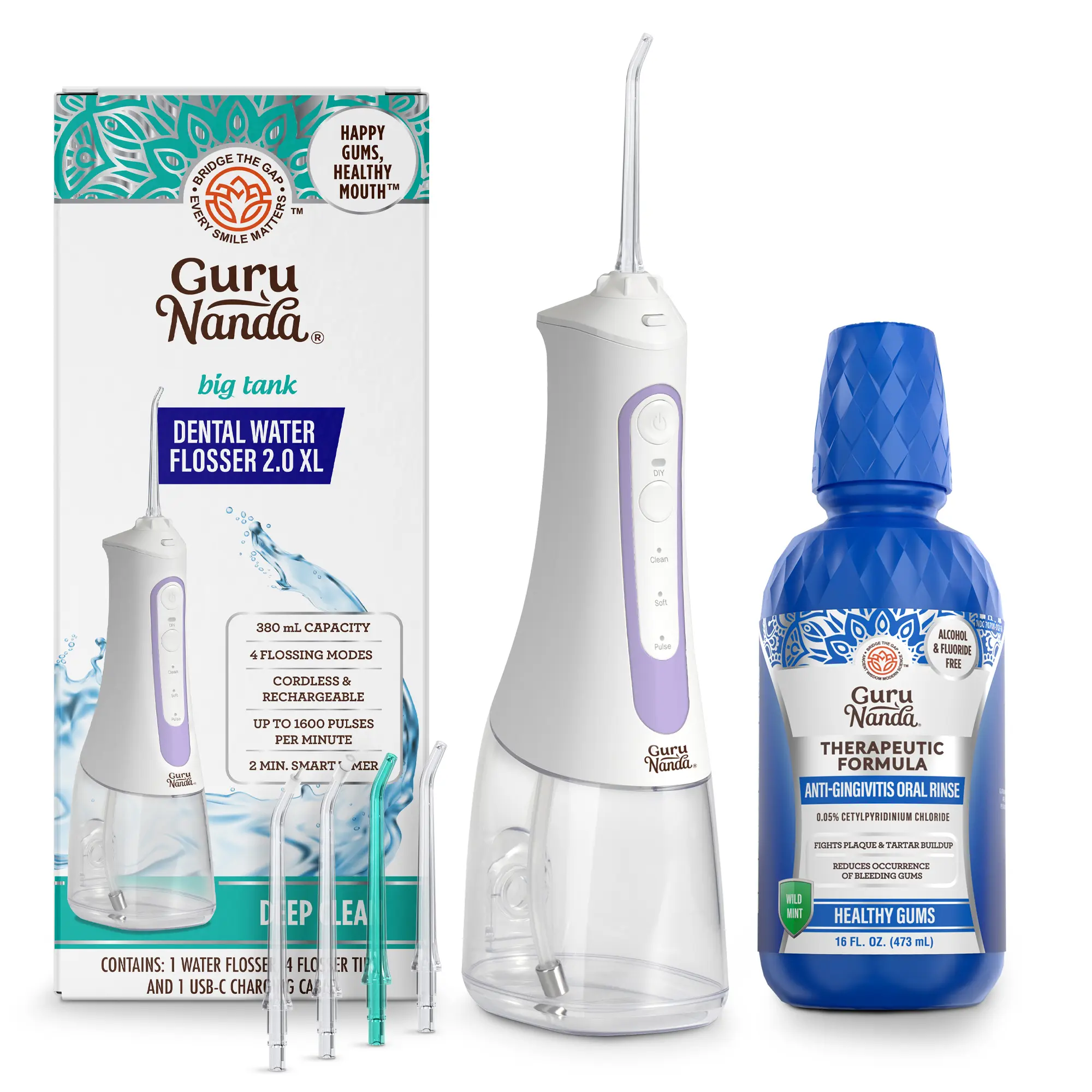 GuruNanda Anti-Gingivitis Oral Rinse Mouthwash 16oz with Lavender Deep Clean Dental Water Flosser 2.0 XL